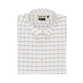 Tom Beckbe Womens Oxford Shirt: white checkered with a small collar, folded neatly.