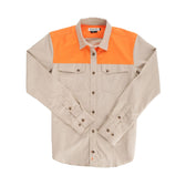 Tom Beckbes Womens Uplander Shirt: cotton oxford with orange panels, button-up front, and two chest pockets.