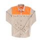 Tom Beckbes Womens Uplander Shirt: cotton oxford with orange panels, button-up front, and two chest pockets.