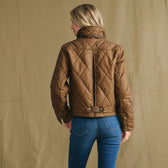 Person wearing a brown quilted jacket and blue jeans, shown from the back against a plain tan background.