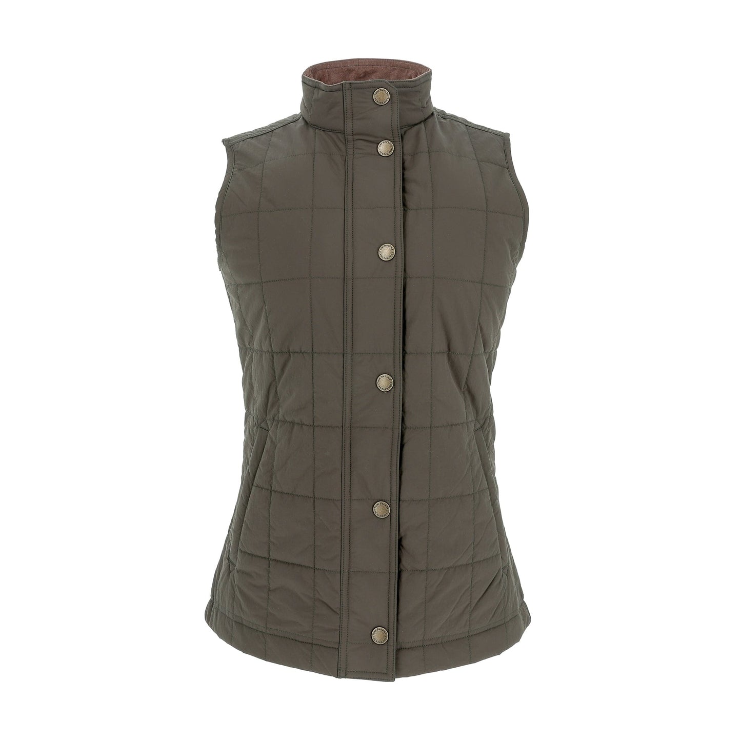 The Tom Beckbe Womens Tyler Quilted Vest in Black Olive features a high collar and snap closure, shown on white.