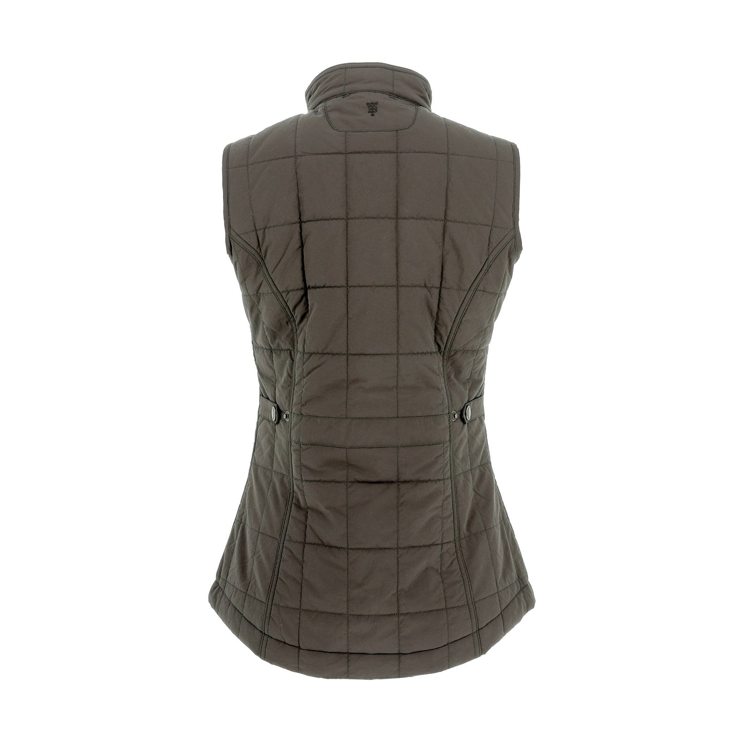 Back view of the Tom Beckbe Womens Tyler Quilted Vest with a high collar, buttoned side tabs, and sleeveless design.