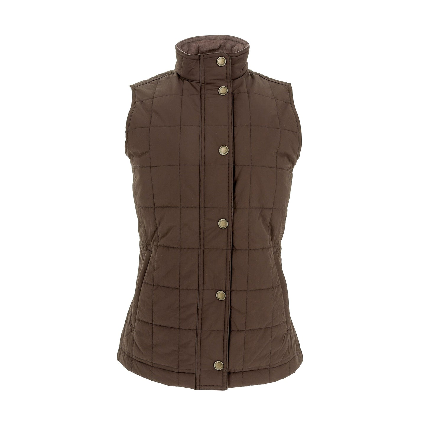 The Tom Beckbe Womens Tyler Quilted Vest in Rye Brown features a high collar and snap buttons for sustainable warmth.