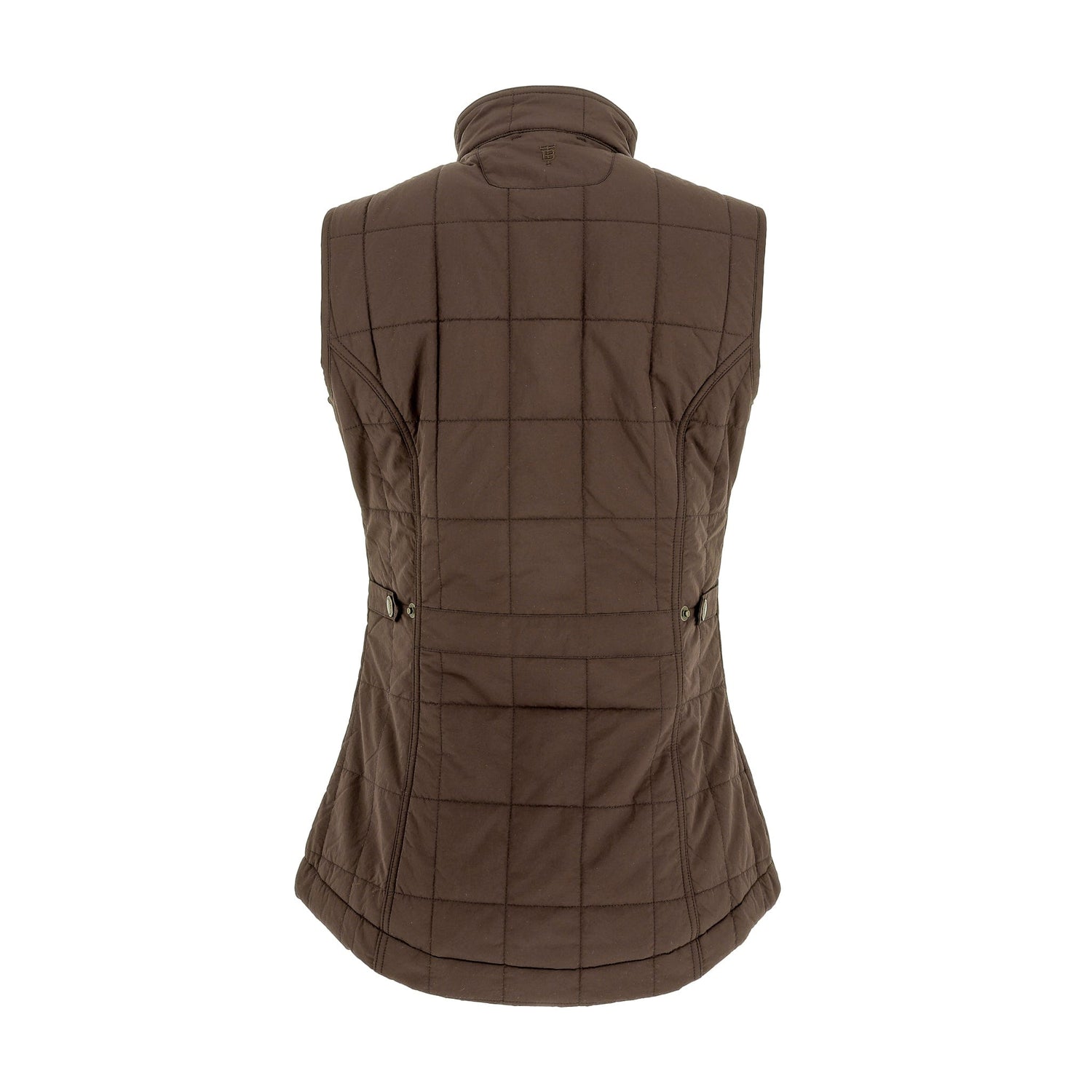 Back view of the Tom Beckbe Womens Tyler Quilted Vest with a high collar and buttoned side tabs on white background.