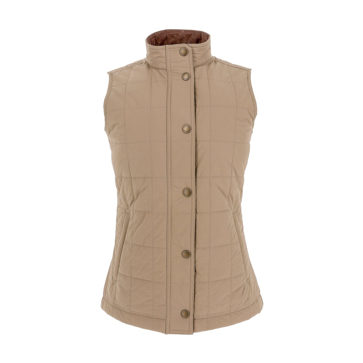The Tom Beckbe Womens Tyler Quilted Vest in tan features a high collar and snap closure, shown on a white background.