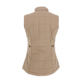 Womens Tyler Quilted Vest by Tom Beckbe in beige, shown from the back with high collar and buttoned side adjustments.