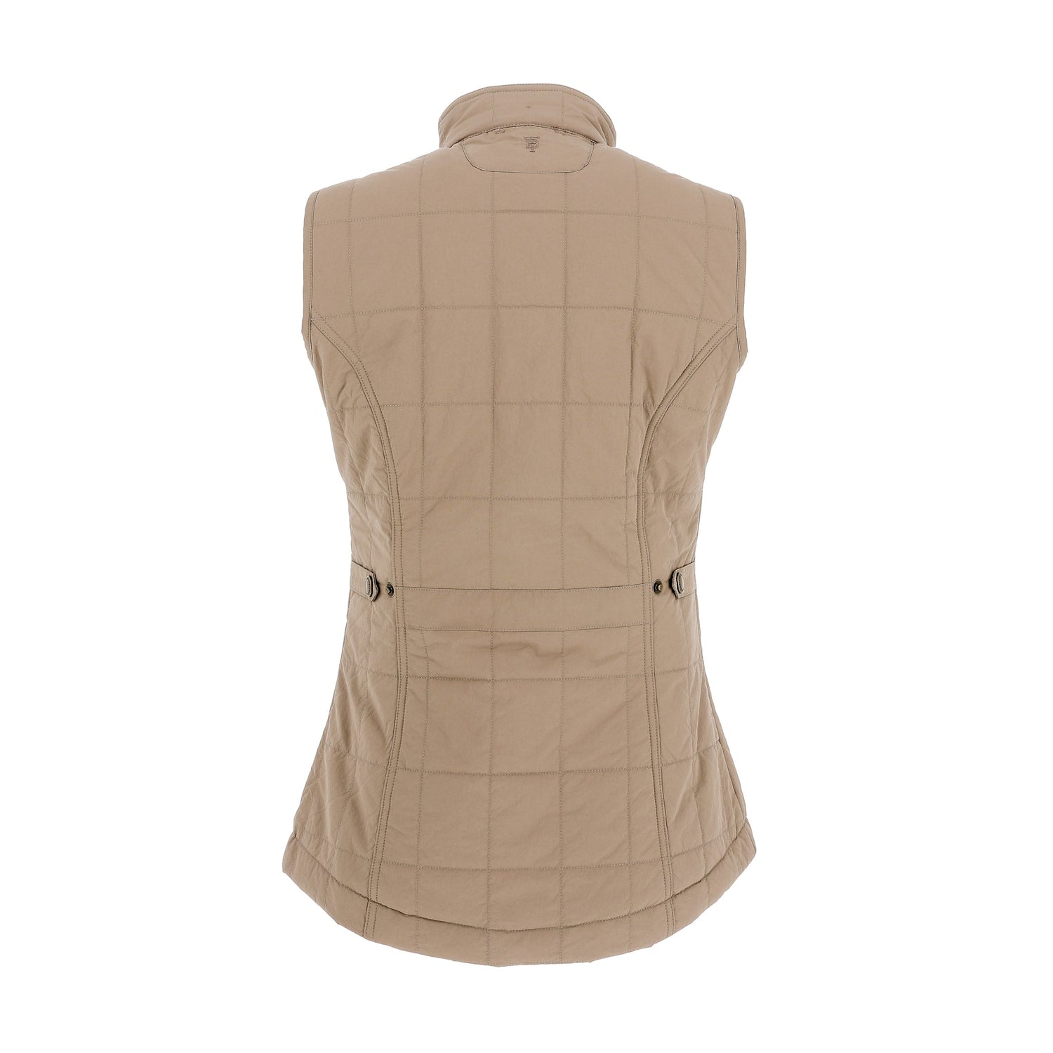 Womens Tyler Quilted Vest by Tom Beckbe in beige, shown from the back with high collar and buttoned side adjustments.