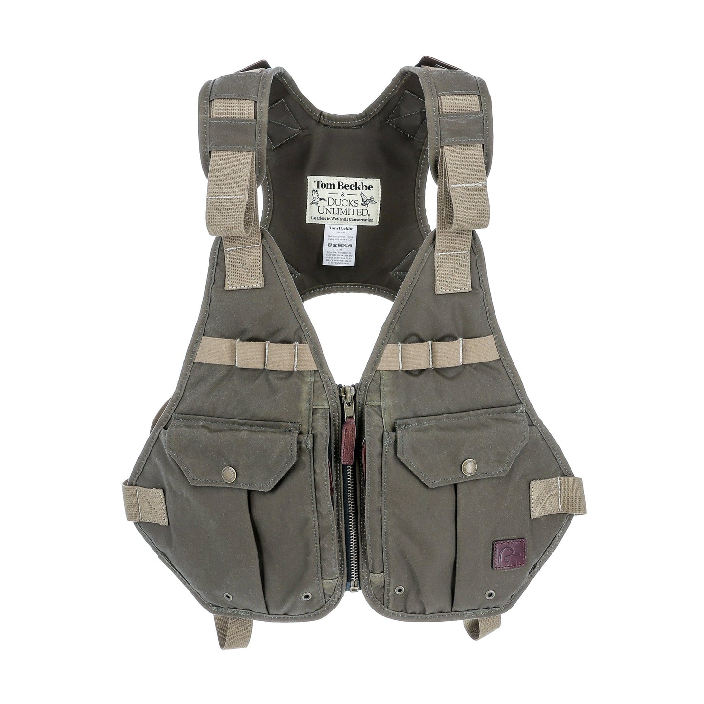 Tom Beckbe DU Waterfowl Strap Vest in olive green with multiple pockets, adjustable straps, and front zipper closure.