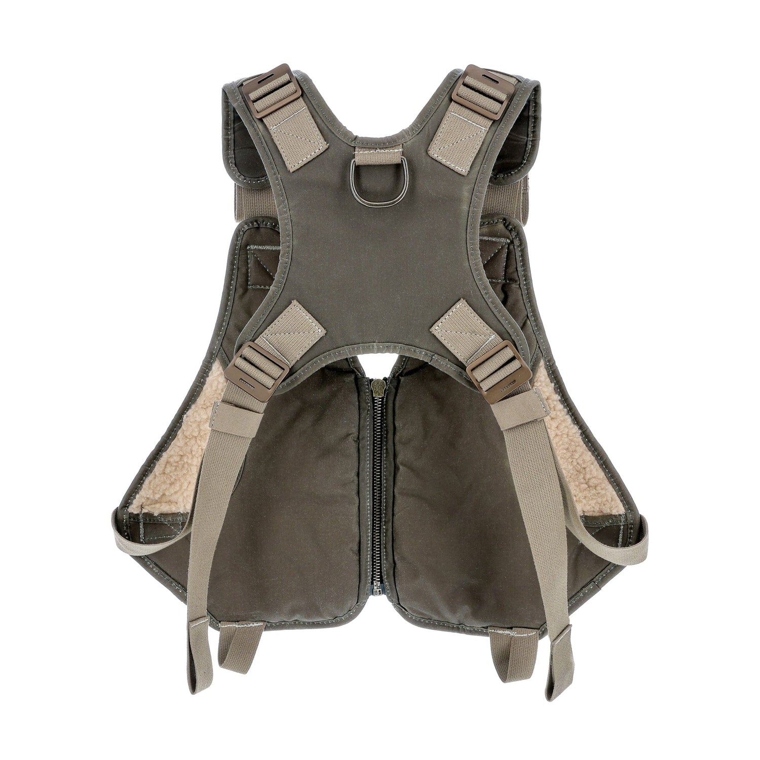 A khaki-colored dog harness with adjustable straps, a zipper closure, and fleece lining, displayed on a white background.