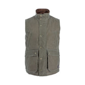 Tom Beckbe DU Kinsman Vest in green waxed cotton with snap buttons, two chest pockets, and two large front pockets.