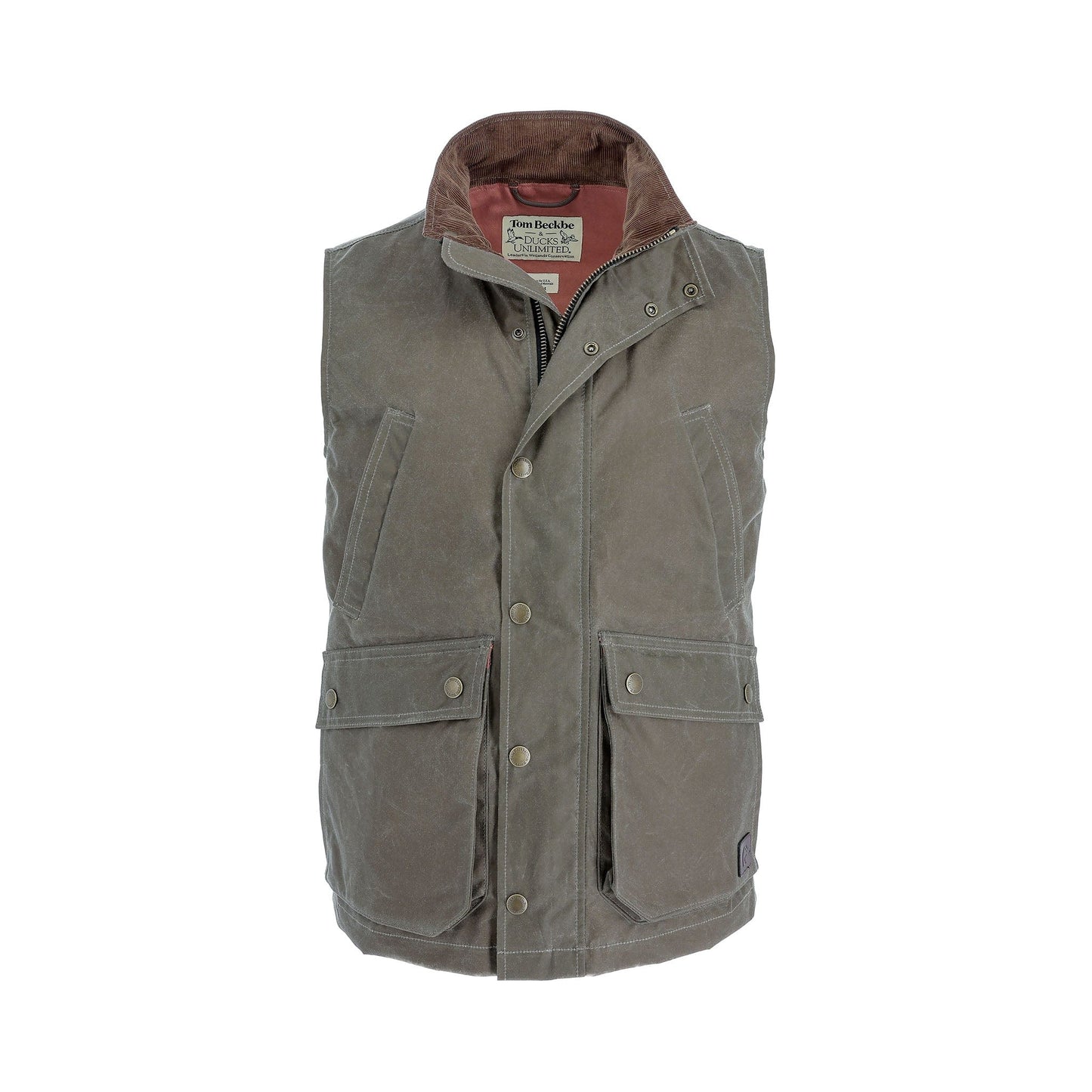 The Tom Beckbe DU Kinsman Vest in Wetlands Green with snap buttons, front pockets, and a corduroy collar.