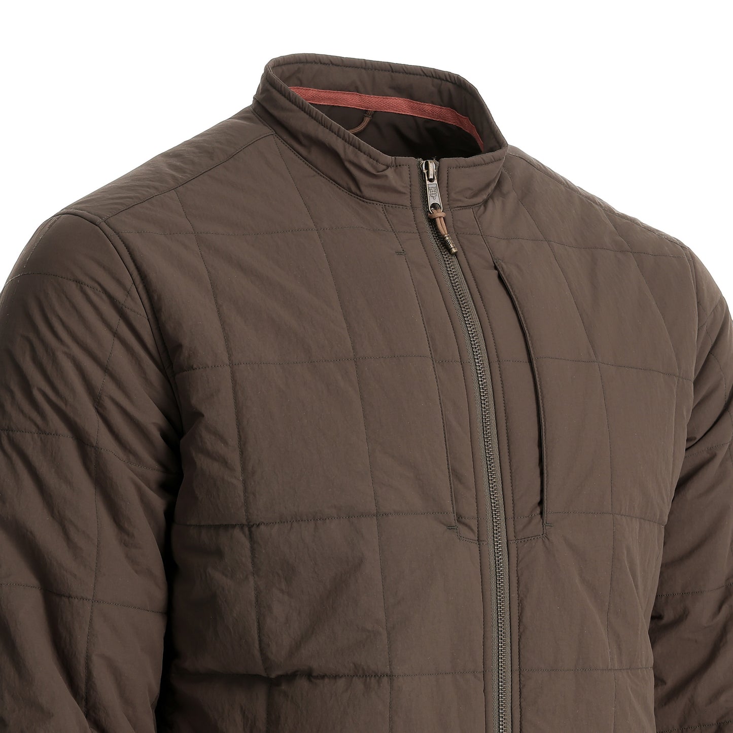 Brown quilted jacket with a front zipper and a vertical chest pocket, displayed on a headless mannequin.