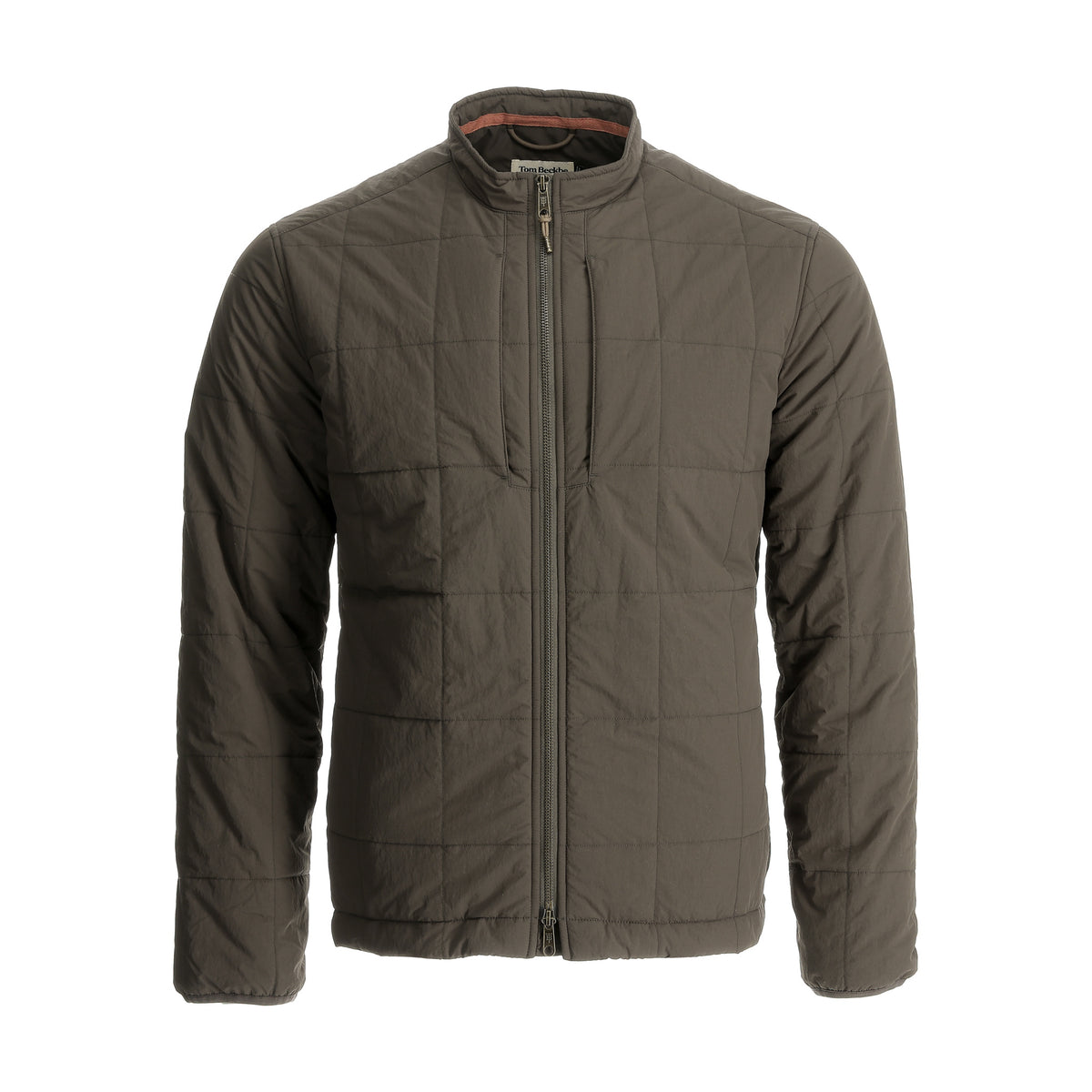 Tom Beckbe Burgess Quilted Jacket: olive green, men’s quilted, front zip, chest pocket, long sleeves, sustainable insulation.