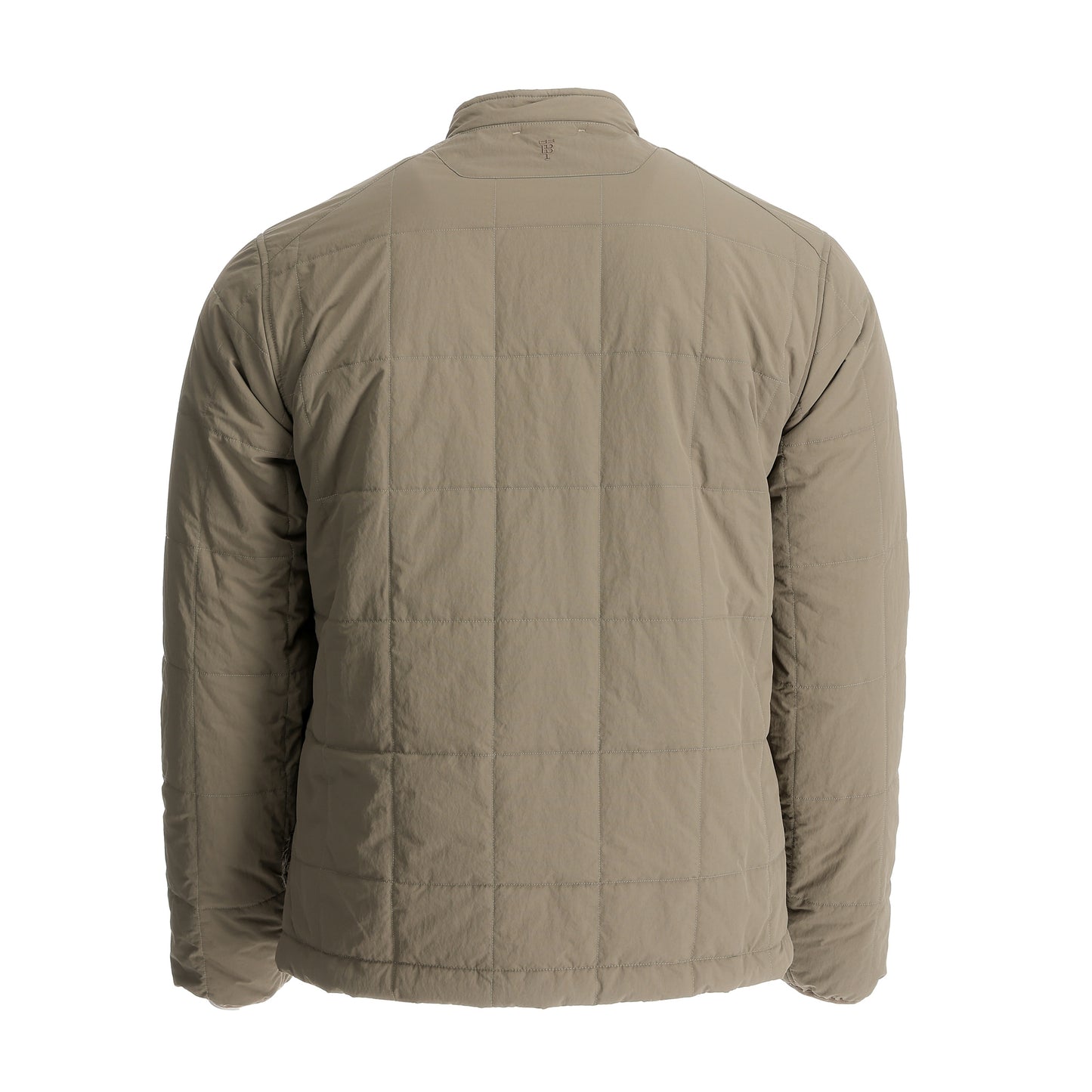 Tan quilted jacket shown from the back, with long sleeves and a high collar, photographed on a plain white background.