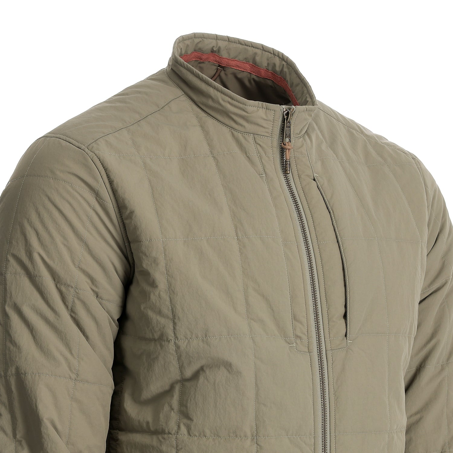Tom Beckbe Burgess Quilted Jacket: light olive, high collar, chest zip pocket, sustainable insulation for men.