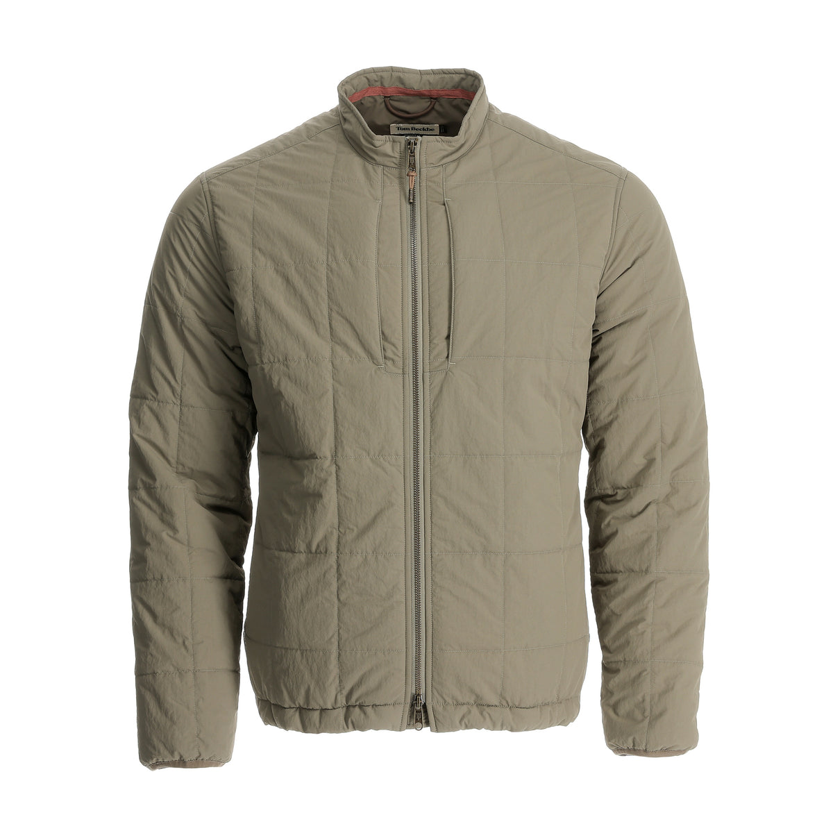 The Tom Beckbe Burgess Quilted Jacket has a front zip, chest pocket, and stand collar—perfect for cool days.