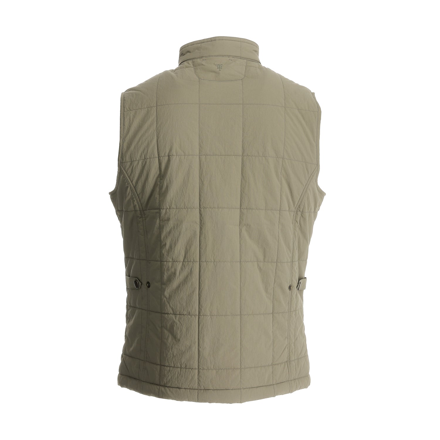 Back view of the Tom Beckbe Burgess Quilted Vest in beige, with high collar and adjustable side straps.