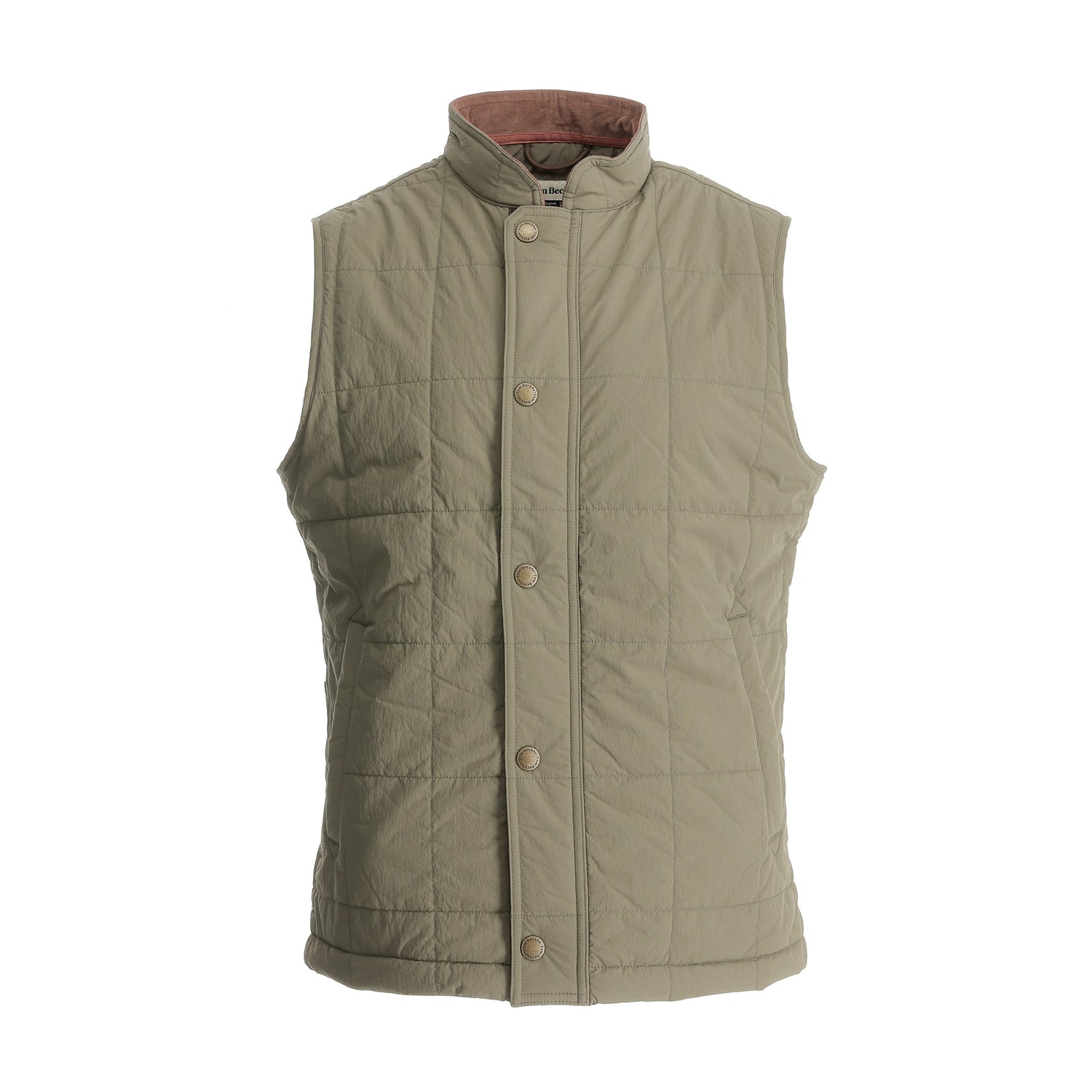 Tom Beckbe Burgess Quilted Vest for men in light olive green with snap buttons and high collar on white background.