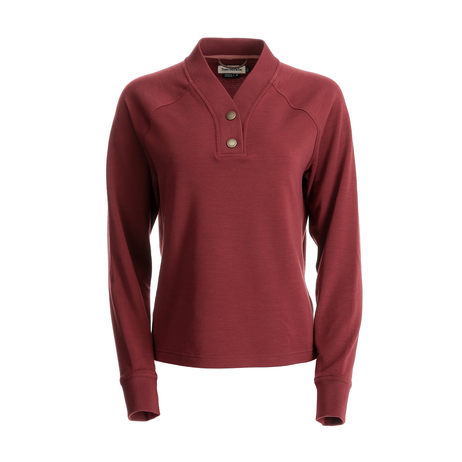 Tom Beckbe Women’s Shelby Fleece Pullover: maroon, long-sleeve, v-neck with 3 buttons—perfect cool-weather layer.