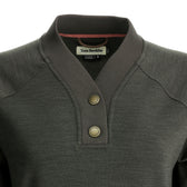 Close-up of a Tom Beckbe Women’s Shelby Fleece Pullover with raglan sleeves, two buttons—a perfect warm layer.