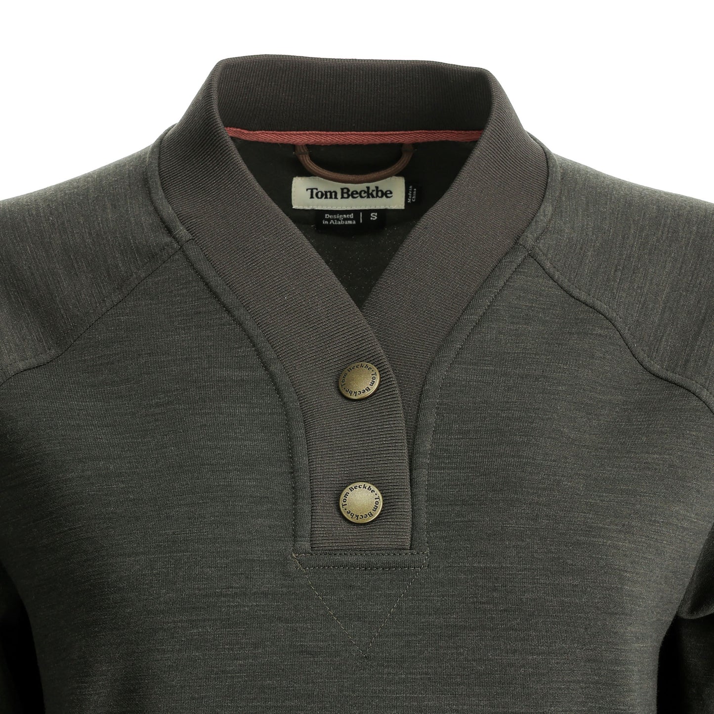 Close-up of a Tom Beckbe Women’s Shelby Fleece Pullover with raglan sleeves, two buttons—a perfect warm layer.