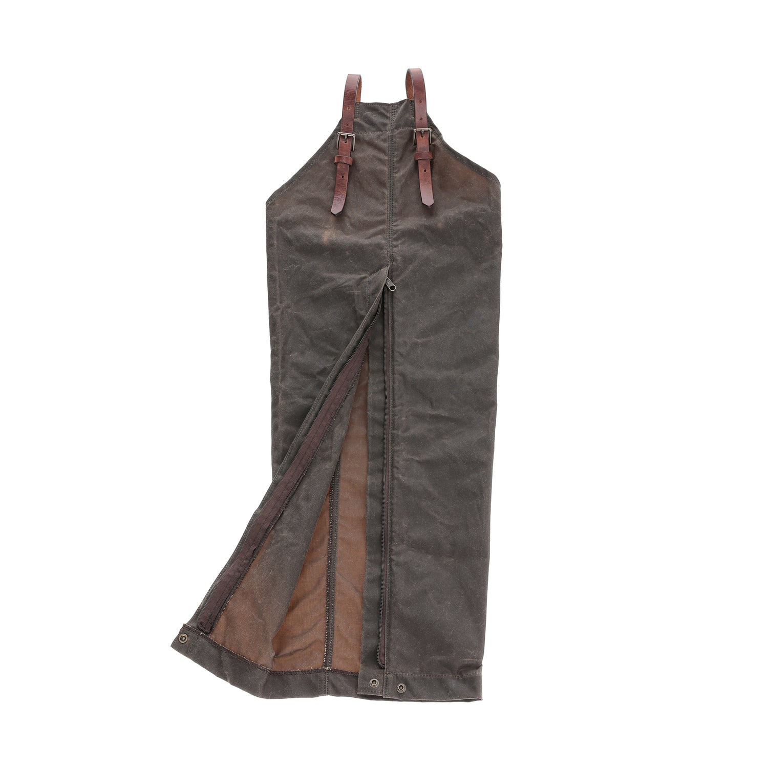 Tom Beckbe Waxed Canvas Chaps: weather-resistant, brown, with leather straps and a partially unzipped front opening.