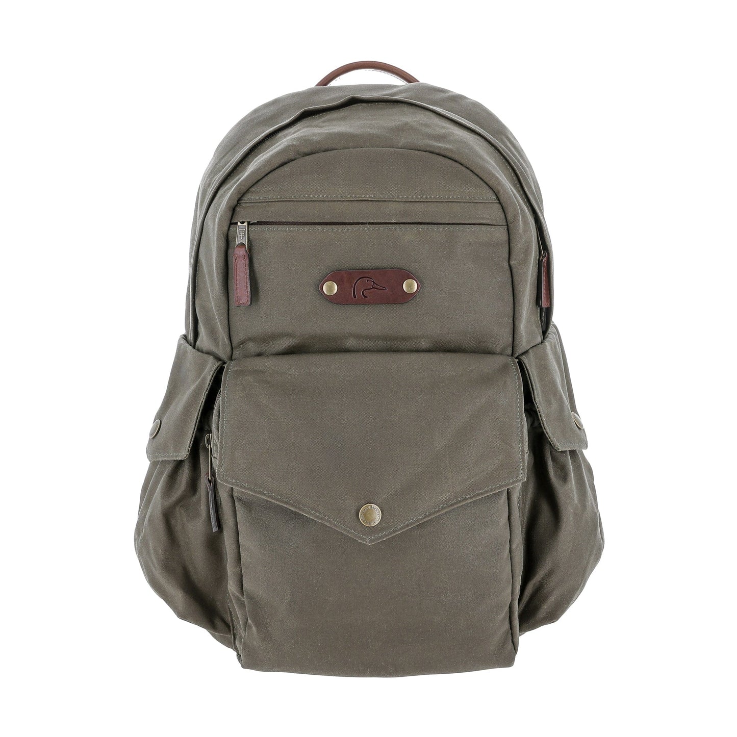 Tom Beckbe DU Canvas Backpack in Wetlands Green features a front zipper, flap pocket, side pockets, and leather accents.