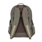 The Tom Beckbe DU Canvas Backpack in khaki features padded shoulder straps and a top carrying handle, shown from the back.