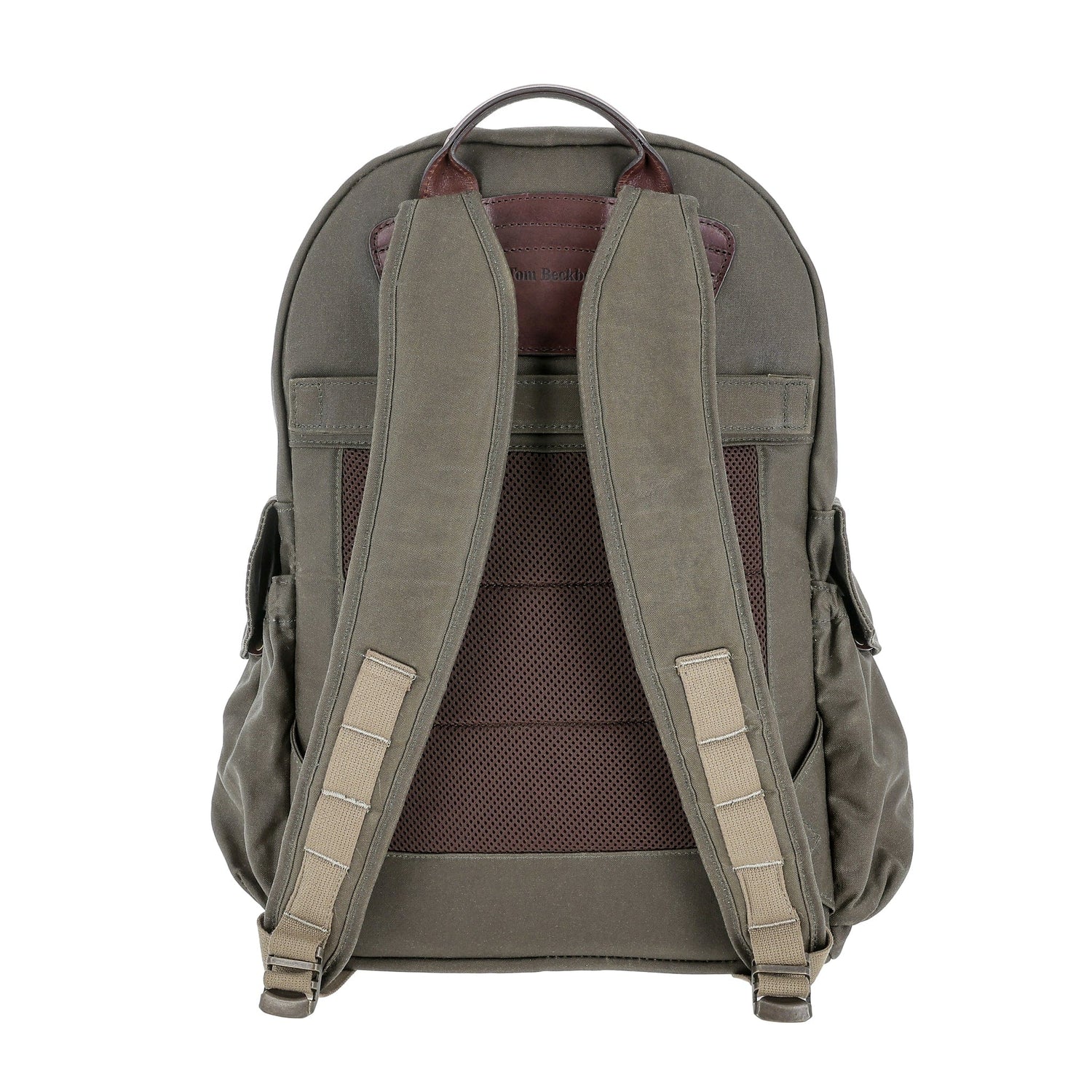 The Tom Beckbe DU Canvas Backpack in khaki features padded shoulder straps and a top carrying handle, shown from the back.