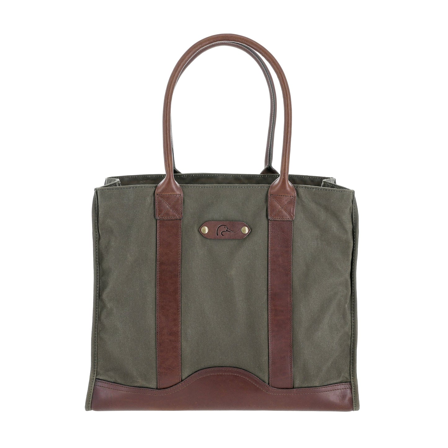 The Tom Beckbe DU Canvas Carryall in Wetlands Green features brown leather handles, straps, and trim on white background.
