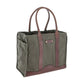 The Tom Beckbe DU Canvas Carryall is an olive waxed cotton tote with brown leather handles and a Ducks Unlimited logo.
