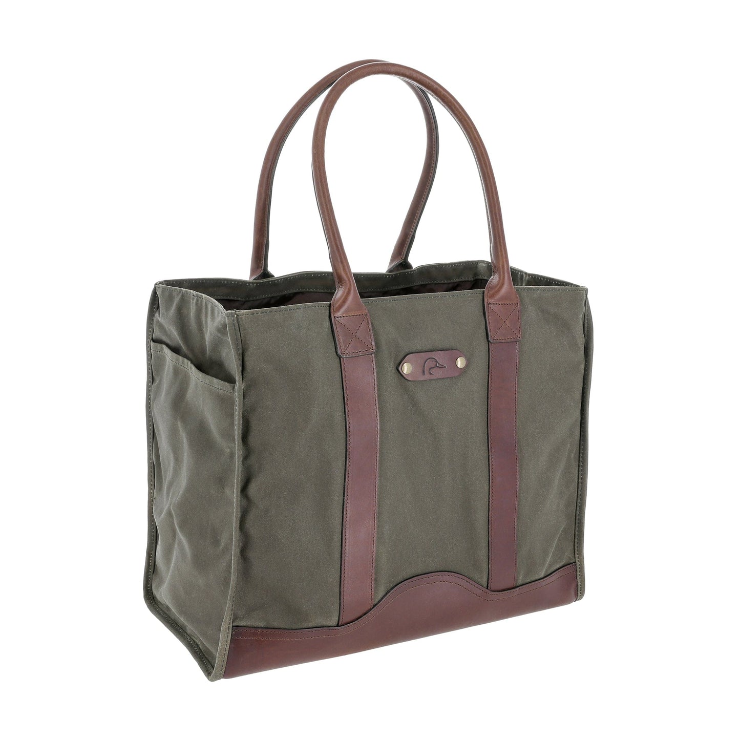The Tom Beckbe DU Canvas Carryall is an olive waxed cotton tote with brown leather handles and a Ducks Unlimited logo.