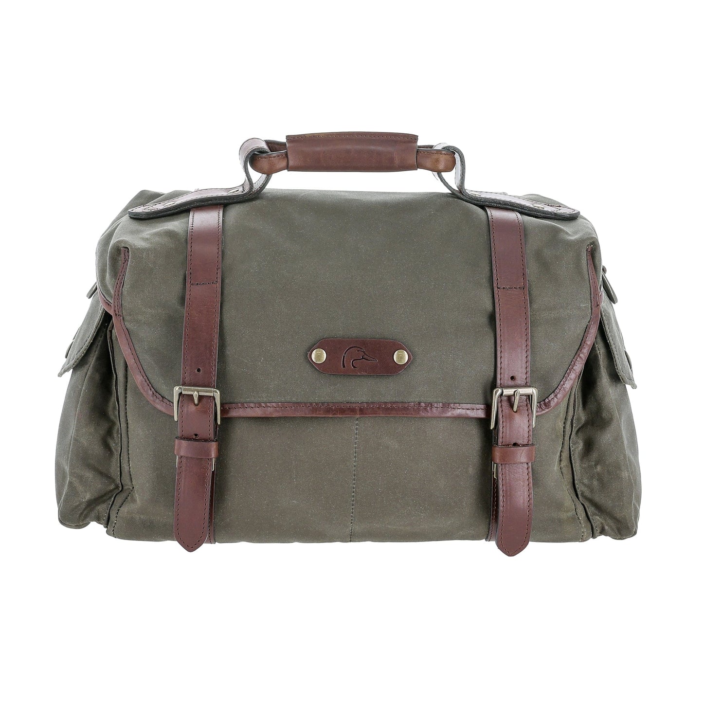 Olive green DU Canvas Field Bag by Tom Beckbe in waxed cotton canvas with brown leather straps, side pockets, and handle.