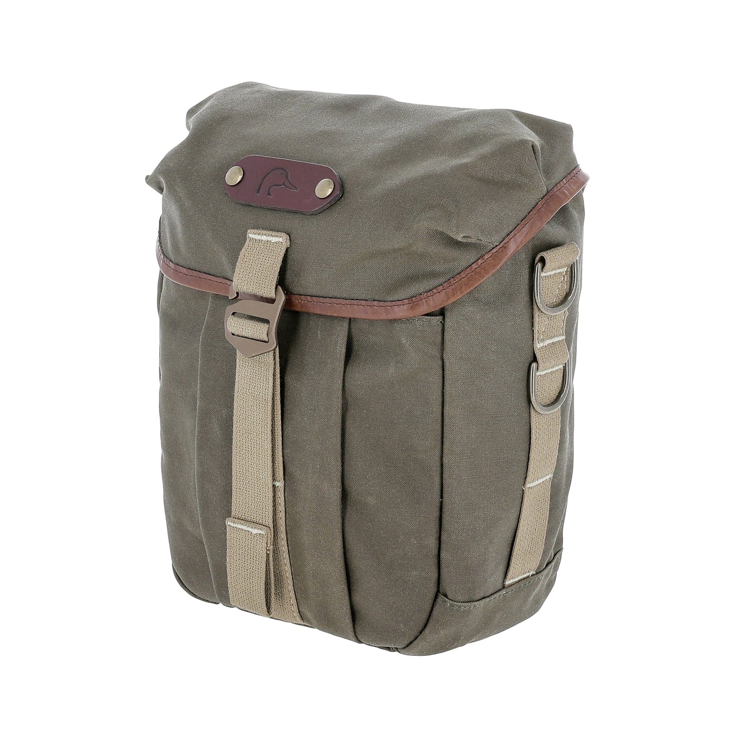 The Tom Beckbe DU Timber Bag in khaki waxed cotton canvas with leather trim and metal buckle, on a white background.