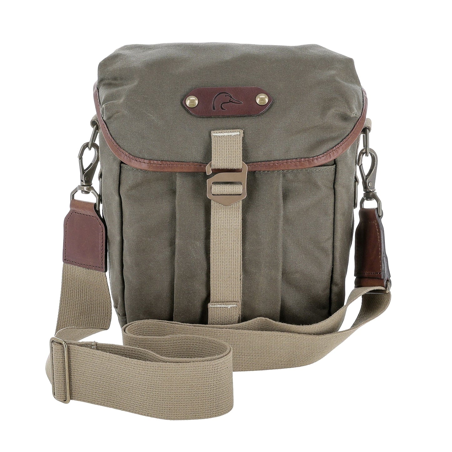 The DU Timber Bag by Tom Beckbe features olive waxed canvas, brown leather accents, front buckle, and beige strap.
