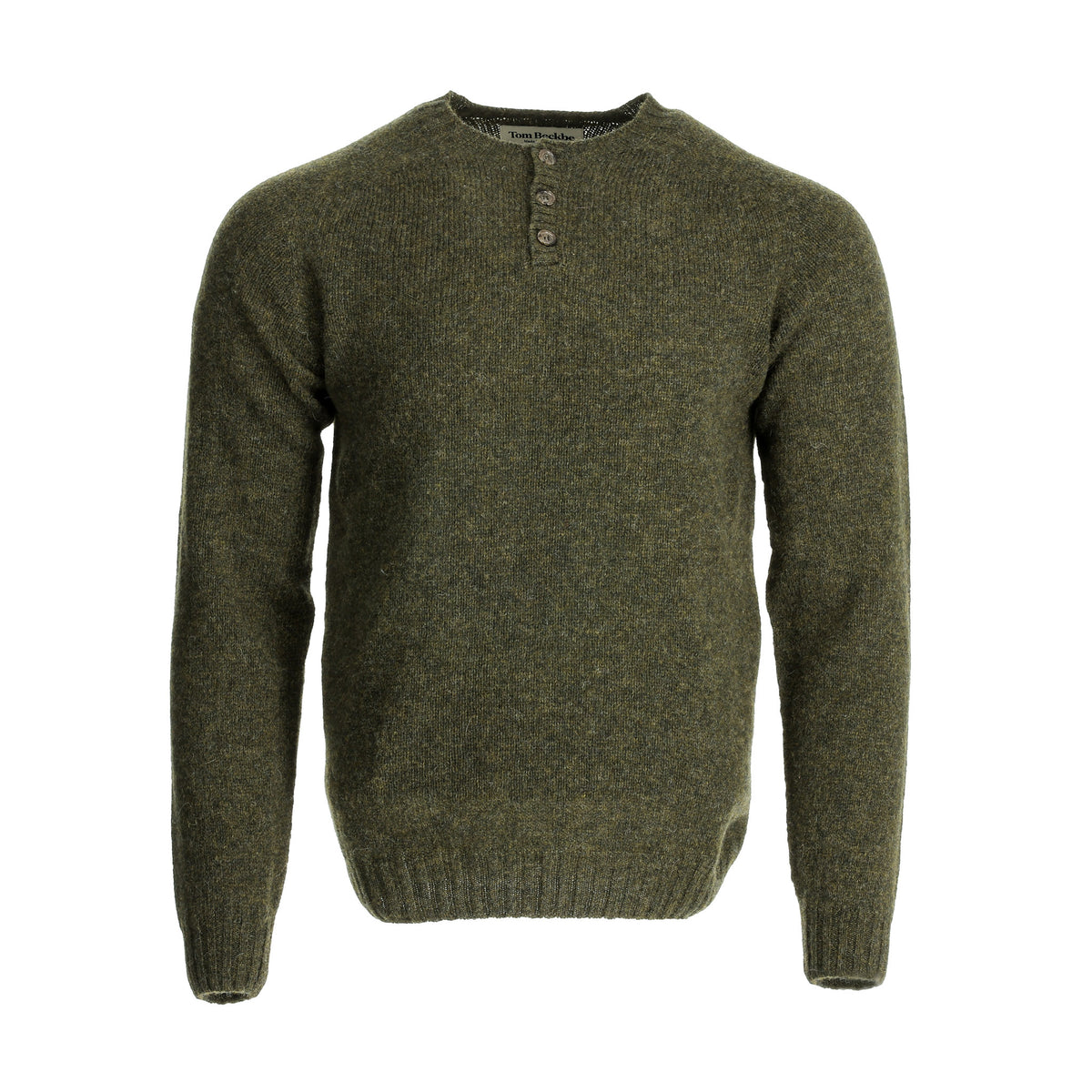 Tom Beckbe Albemarle Henley Sweater in Scots Pine with long sleeves, ribbed cuffs/hem, and a three-button collar placket.
