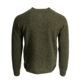 The Tom Beckbe Albemarle Henley Sweater in olive wool, made in Scotland, is shown here from the back.