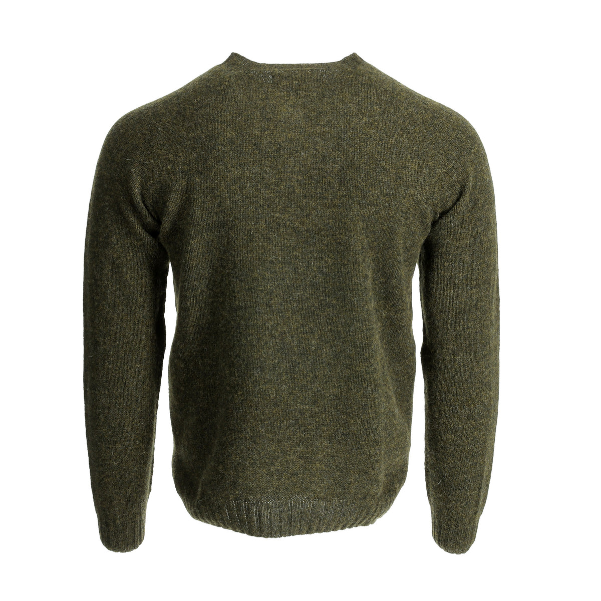 The Tom Beckbe Albemarle Henley Sweater in olive wool, made in Scotland, is shown here from the back.