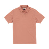 Tom Beckbes Coastal Polo Shirt in light brown with a buttoned collar laid flat on a white background.
