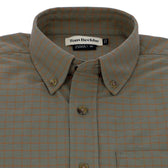 A green button-down shirt with an orange grid pattern and a Tom Beckbe label on the collar.