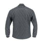 A dark gray quilted jacket shown from the back with a ribbed collar, cuffs, and hem.
