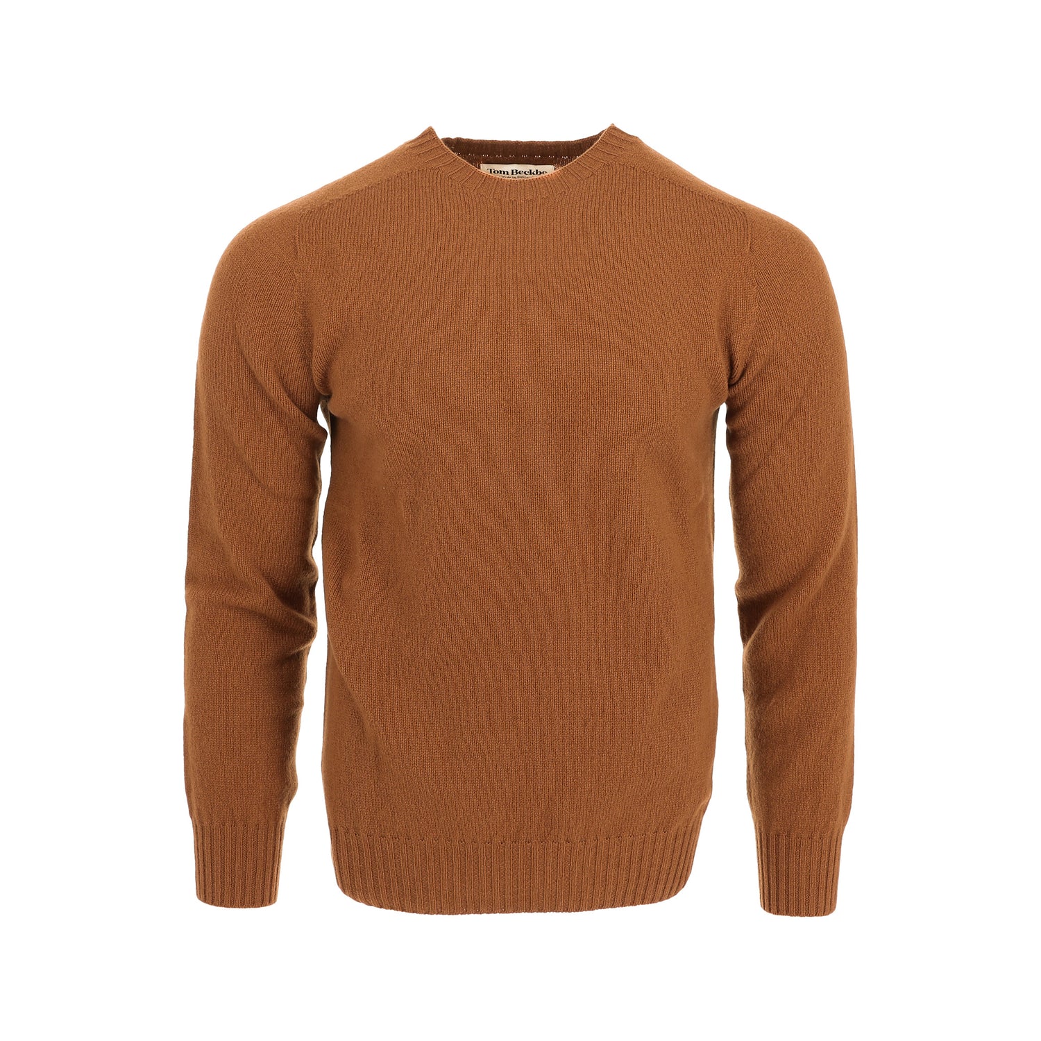 The Tom Beckbe Saunders Crewneck Sweater for men in brown wool is shown on a plain white background.