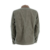 Back of Tom Beckbe Womens Steward Jacket in green waxed canvas with brown corduroy collar on white background.