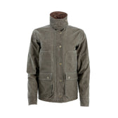 The Tom Beckbe Womens Steward Jacket is brown, waxed, with a high collar and four pockets, shown on white.