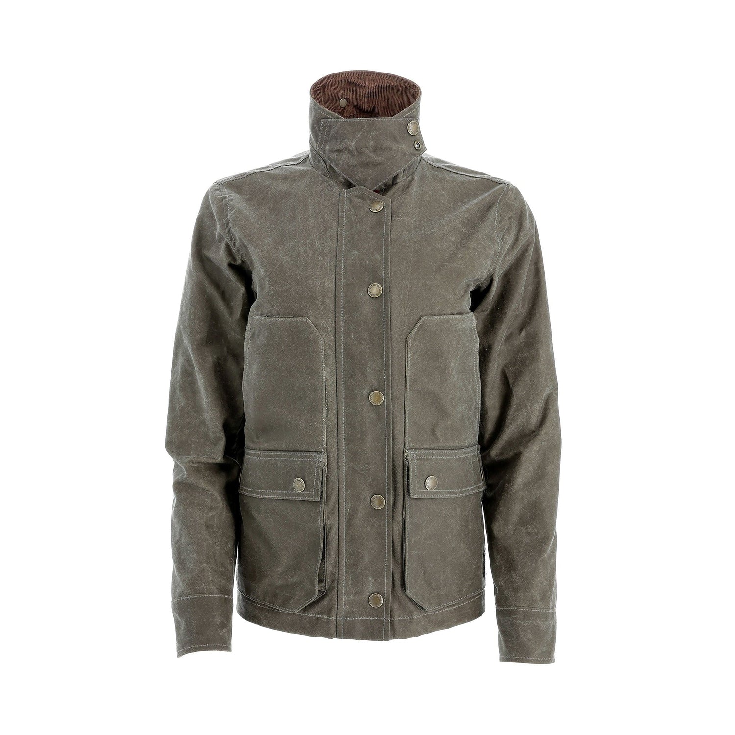 The Tom Beckbe Womens Steward Jacket is brown, waxed, with a high collar and four pockets, shown on white.