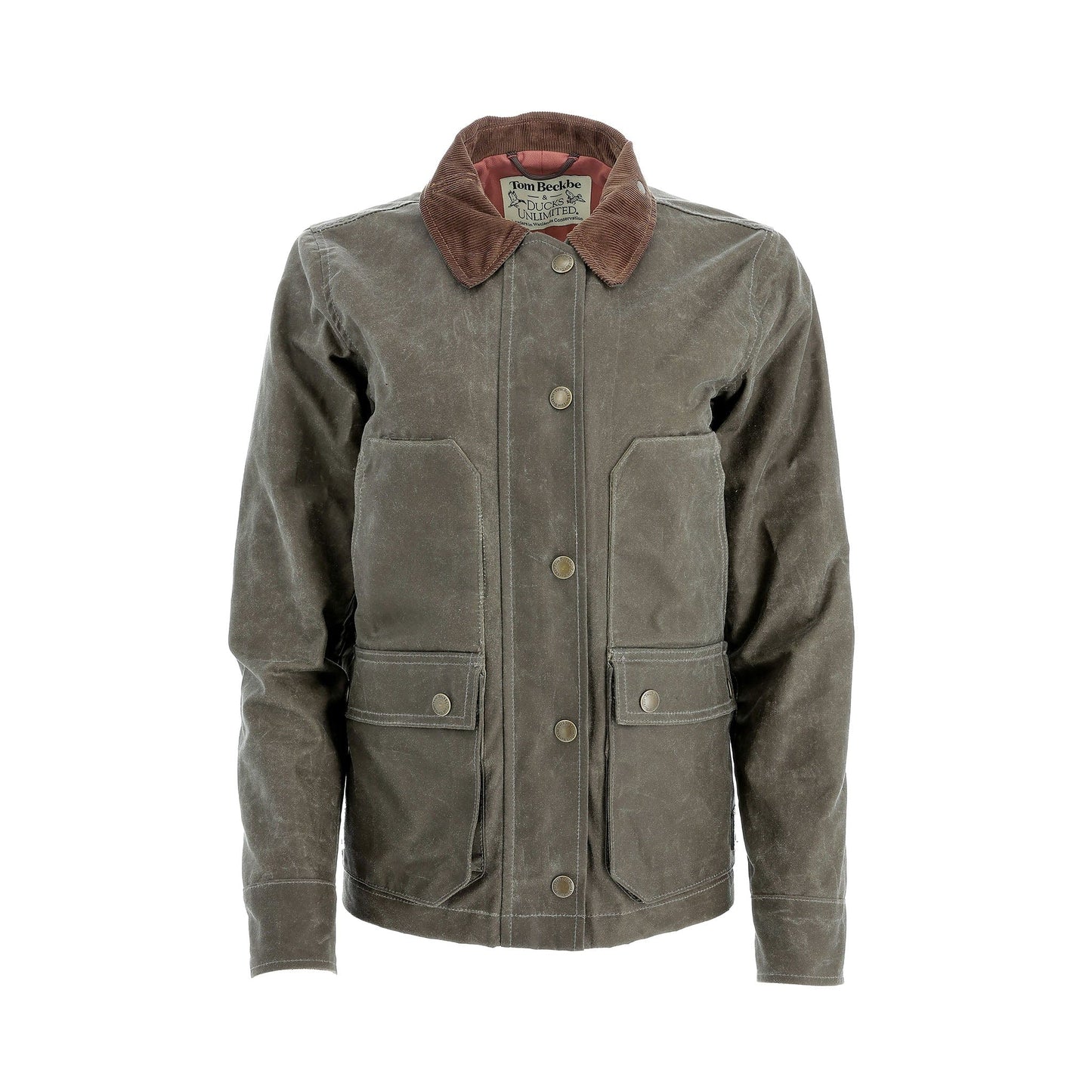 Tom Beckbe Womens Steward Jacket in Wetlands Green with front pockets and corduroy collar, shown on white.