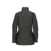 Womens Blakeley Jacket by Tom Beckbe, dark green with high collar and buttons at the hem, shown from the back.