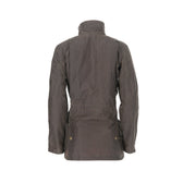Back view of Womens Blakeley Jacket by Tom Beckbe, dark green cotton, weatherproof, high collar, long sleeves, straight hem.