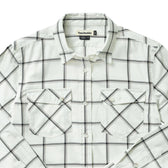 Tom Beckbes Womens Suffolk Sport Shirt: A white button-up shirt with a black grid pattern, collar, and two chest pockets.