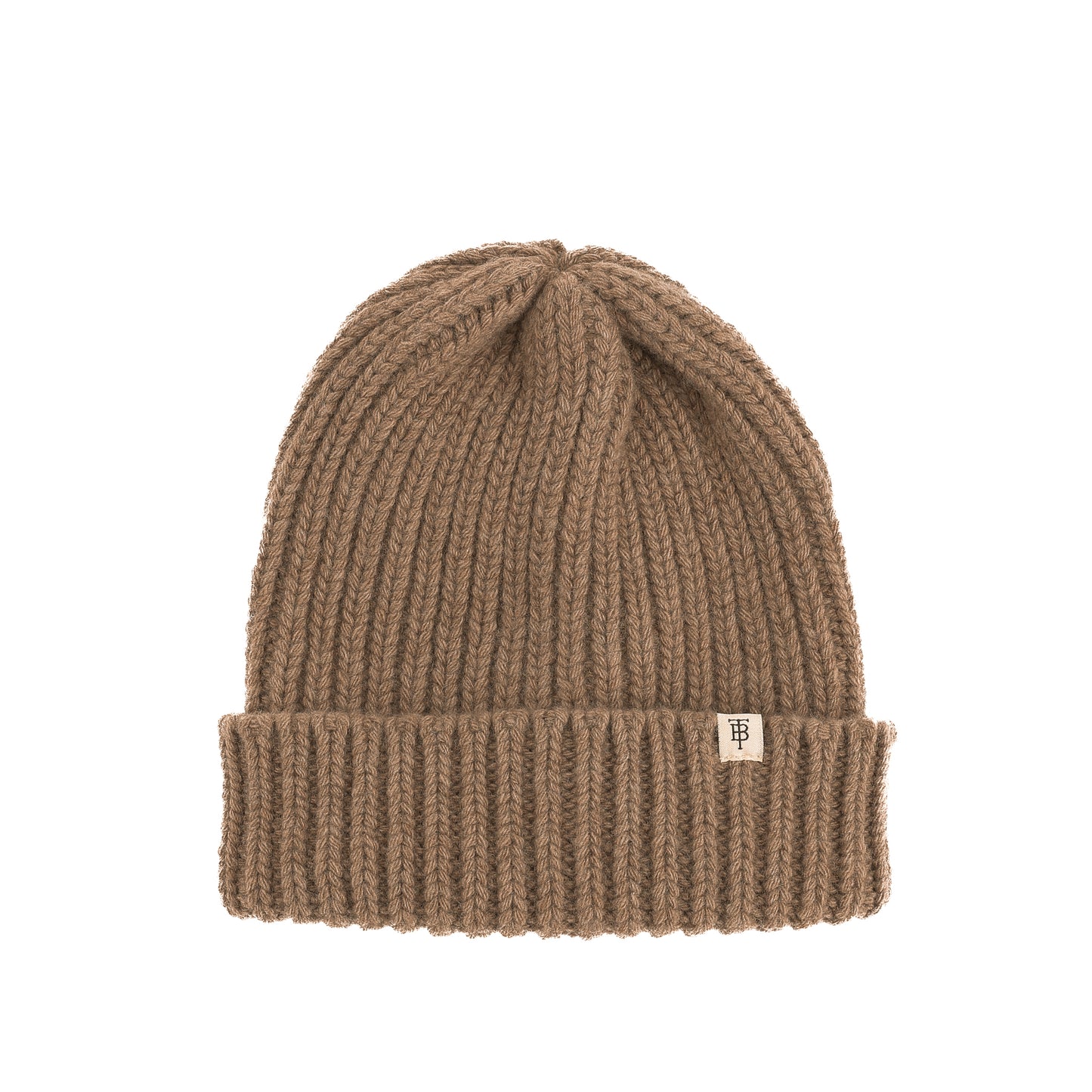 The Tom Beckbe Wool Cap is a brown lambswool knit cap with a folded brim and subtle rectangular logo tag.